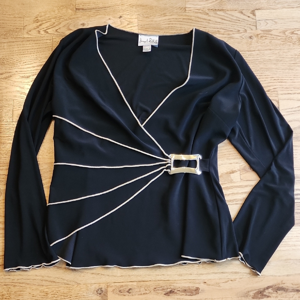 (16) Joseph Ribkoff Black Top with Cream Piping and Buckle Accent Luxury Office
